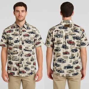 North River Mens Medium Short Sleeve Button Up Vintage Car Truck Print Shirt